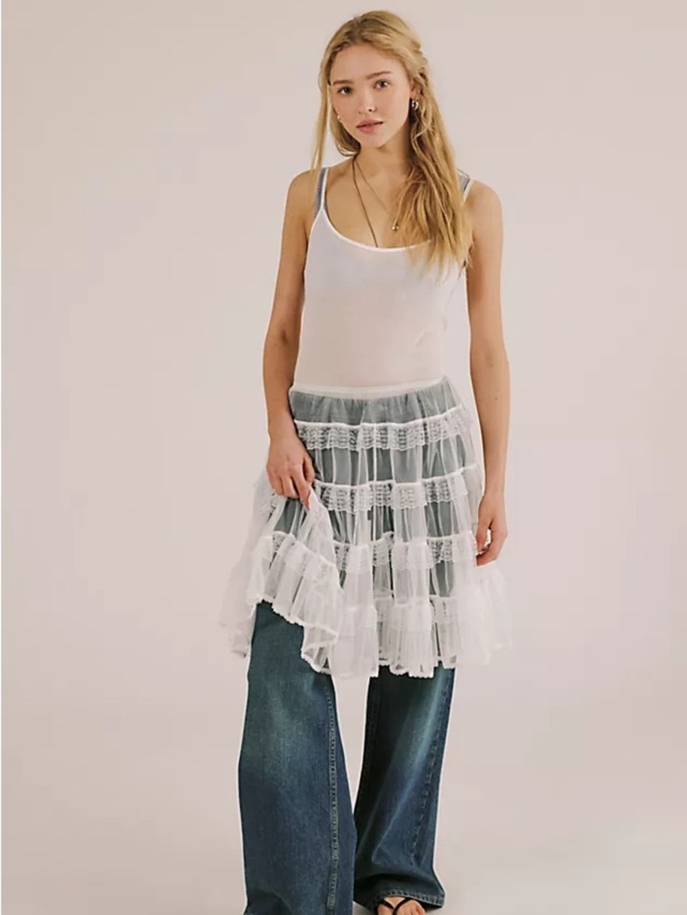 Free People More For Me White Tiered Lace Skirt